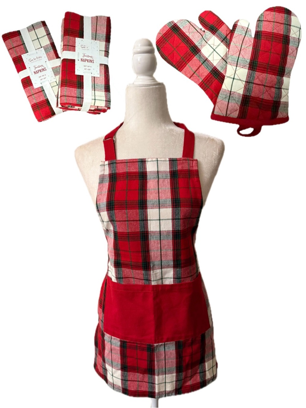 Sur La Table Tartan Plaid Kitchen Set Apron Oven Mitts Napkins Holiday NWT